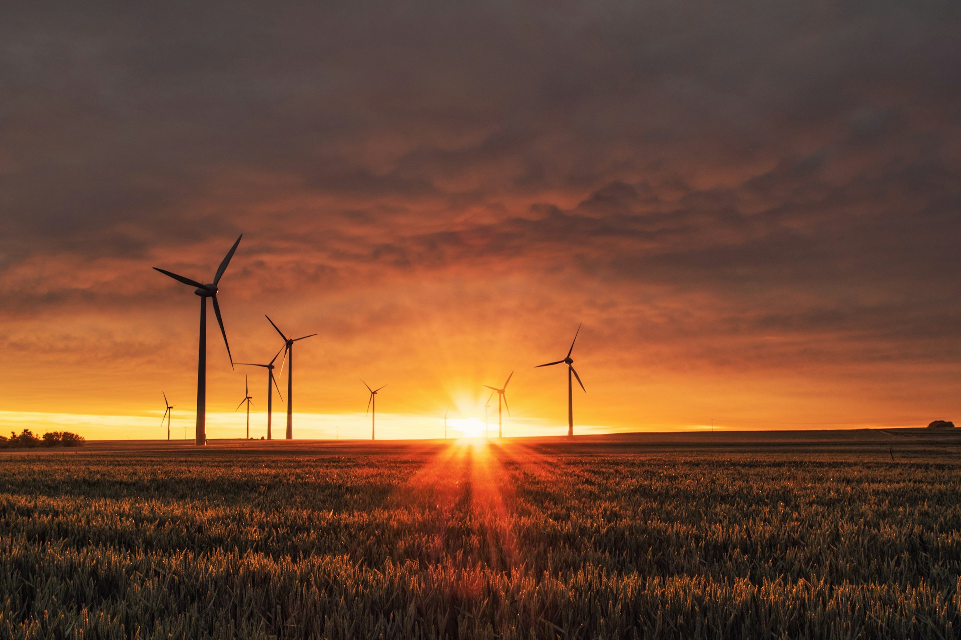 Wind turbines on a field at sunset, with an orange sky and sun rays illuminating the landscape.